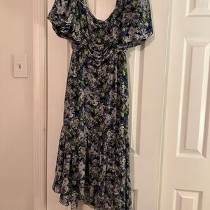 ASTR Navy, Purple and White Floral Asymmetrical Midi Dress